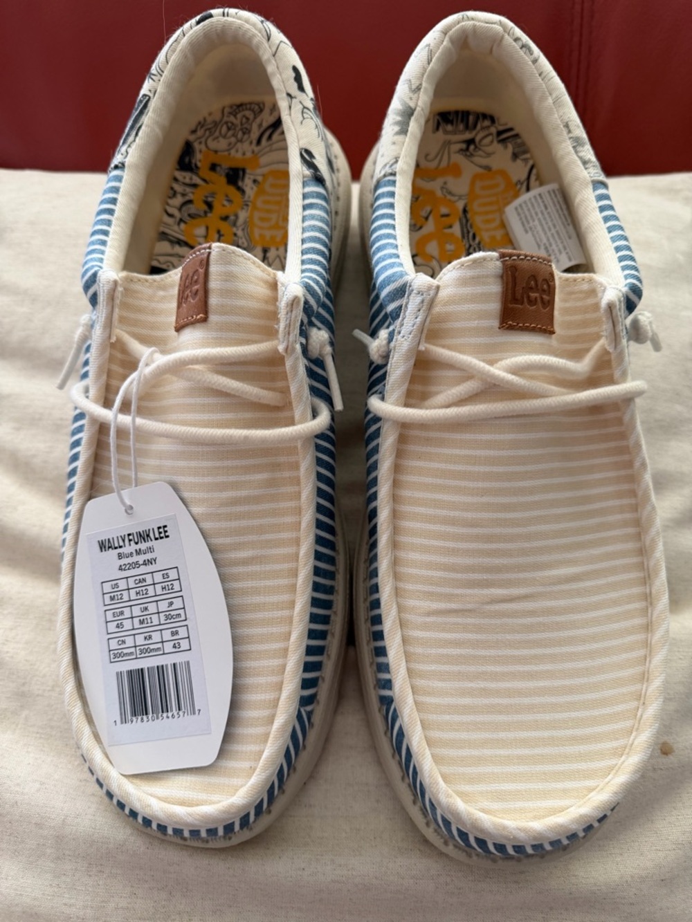Hey Dude Lee Cream Canvas Slip-On Sneakers with Blue Stripe Trim Brand New